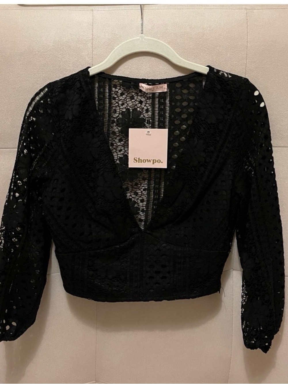 Showpo. Black Lace V-Neck Long Sleeve Crop Top